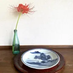 青磁の平皿　手描き　古道具　大正　昭和　7寸　パスタ皿　大皿　平皿