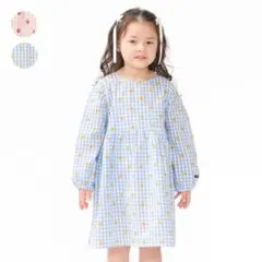 moujonjon いちご小花柄ギンガムチェック長袖ワンピース