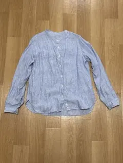 無印良品 リネン ストライプ バンドカラー 長袖シャツ ブルー Lのサムネイル