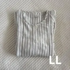 マタニティ　パジャマ　　ワンピース　ニシキ　ストライプ　白　秋　春　長袖