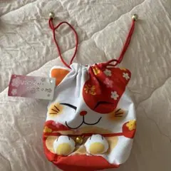 縁起物】招き猫 ちりめん 巾着 ポーチ 鈴付き 可愛い 和風 小物入れ