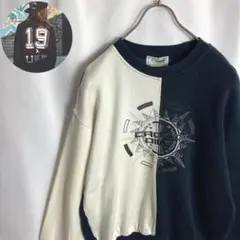 90s古着スウェット バイカラー センター刺繍 切替デザイン ブラック黒 白色Mのサムネイル