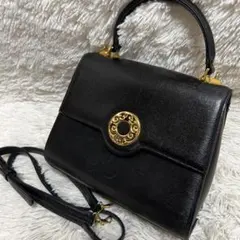 ハナエモリ　ハンドバッグ　レザー　ブラック×ゴールド　サークルロゴ