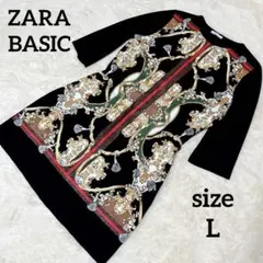 【美品】ZARA スカーフ柄 ワンピース L 個性的 総柄チュニックワンピース