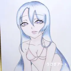 青髪ロング クール可愛い ビキニ美少女 手描きイラスト 原画