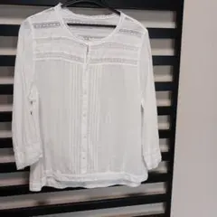 ホワイト レース装飾 五分袖シャツ