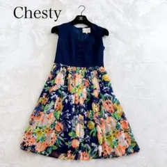 極美品✨Chesty 切替 花柄 フラワープリーツワンピース ドッキング S
