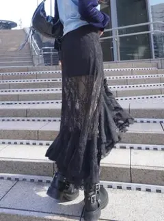 アシンメトリーレースロングスカート[nh192]　ブラック