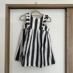 110 グレー　白　ストライプ ノースリーブワンピース　フリル　ハンドメイド