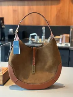 美品 ポロラルフローレン 半月型スエードショルダーバッグ レザートリム ブラウン