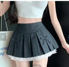 【春物】プリーツスカート スカッツ裾レース リボン付き 可愛い Mサイズ