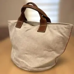 リネン バッグ トートバック　持ち手レザー　ナチュラル