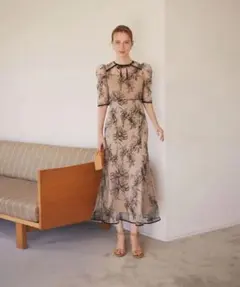 Leja 花柄リボンパフスリーブマーメイドワンピースドレス