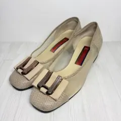 ロベルタディカメリーノ メッシュ パンプス ベージュ リボン チャンキーヒール