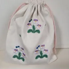 スミレの刺繍 巾着袋