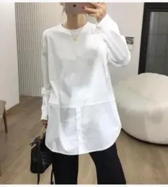M　異素材 Tシャツ　レディース　ホワイト　白　切り替え　カットソー