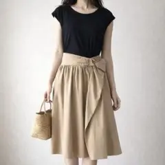 PAULE KA/３６/配色切替ウエストリボンワンピース/ひざ丈/黒×ベージュ