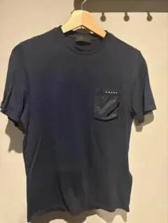457【美品・L】プラダ ナイロン切替 ラバーロゴポケットTシャツ ブルー
