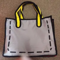 美品2Dバッグ 立体視 イラストトートバッグ グレーと赤の黒ステッチ手提げバッグ