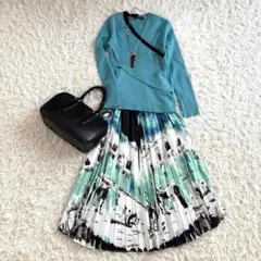 【美品✨】リブニット＆プリーツスカートセット ティファニーブルー 水彩画風柄 M
