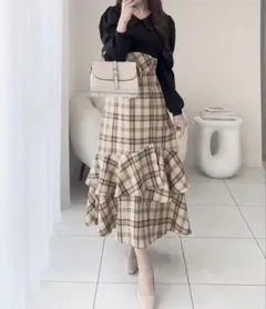 mily biletシャツ襟チェックアシメフリルドッキングロングワンピース