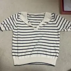 アイボリー・ネイビー ストライプ ニット 半袖