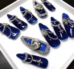 ネイビーマグネット ビジュー ネイルチップ 韓国 ワンホン 地雷系 ロングネイル