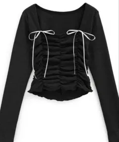 GRL ダブルリボンギャザーテレコリブカットソー