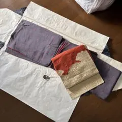 たゆたう着物帯＊絽波紋夏帯・白地に蒼グレー流水紋＋桜色うたかた模様