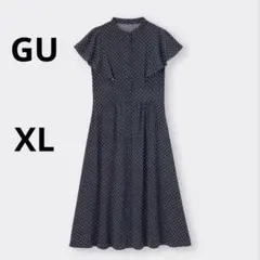 【美品】ジーユー　XL ドットプリントワンピース　半袖　フリル　ネイビー