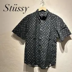 STUSSY USA製 90s モノグラム 総柄 半袖シャツ ブラック L