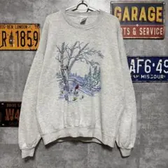 90s USA製 JERZEES XL 雪景色 アートプリント スウェット