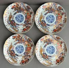 古伊万里 色絵 膾皿2客 輪花 金襴手 見込み牡丹 四つ割り龍と鳳凰文