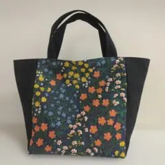 オレンジ黄色青の花柄ミニトートバック　ハンドメイド