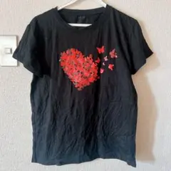 蝶のハートプリント Tシャツ M 黒
