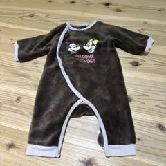 ブラウンロンパース フリース素材 ミッキーマウス　ミニーマウス　キャラクター刺繍