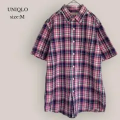 【ユニクロ】UNIQLO  リネンチェックシャツ　半袖　メンズ　麻混　美品