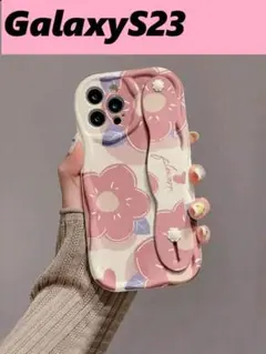 GalaxyS23　うねうねケース　花柄　ハンドストラップ　スタンド