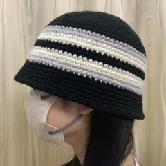 ボーダー柄バケットハット☆ブラック&アイボリー&グレー09