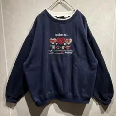古着 スウェット トレーナー ネイビー ハート ボタン 刺繍 かわいい 二重襟