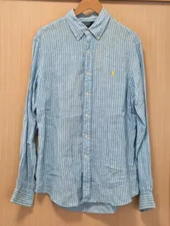 90s ポロラルフローレン リネンシャツ ストライプ ポニー刺繍 L