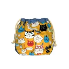 【底マチ幅が広い巾着】◆にっこり猫の顔黄色イエロー地×ブルー◆裏地あり巾着