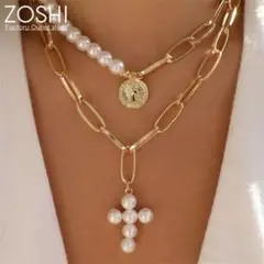 ヴィンテージ風　2連ネックレス　クロス　パールネックレス　チョーカーネックレス