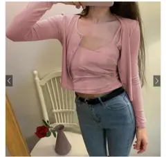 パッド入りカシュクールキャミソール×カーディガンアンサンブル[at2319ピンク