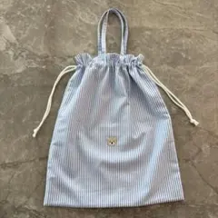 持ち手付き巾着　クマのワッペン付き　ハンドメイド　おきがえ袋