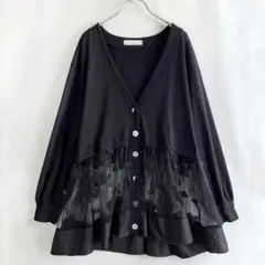 極美品✨イズスカラー　蝶柄　レース切り替えカーディガン　黒　薄手コットン