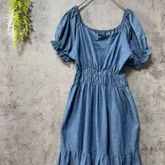 ブルーイースト　半袖デニムワンピース　パフスリーブ　ティアード　フレア　S