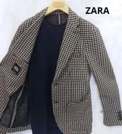 良品【ZARA】ジャケット・ストレッチ・茶系/千鳥格子