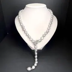 本真珠 Y字ロングパールネックレス 66cm 10-12mm クリッカー グレー
