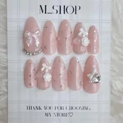 【現品】No.3ネイルチップ 韓国 ピンク量産型 バラ リボンネイル